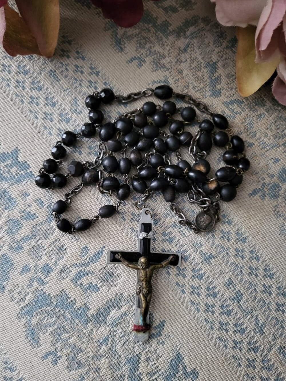 Antique Priest Handmade Black Wood Bead Rosary Inri Crucifix Cross Verdigris 24"